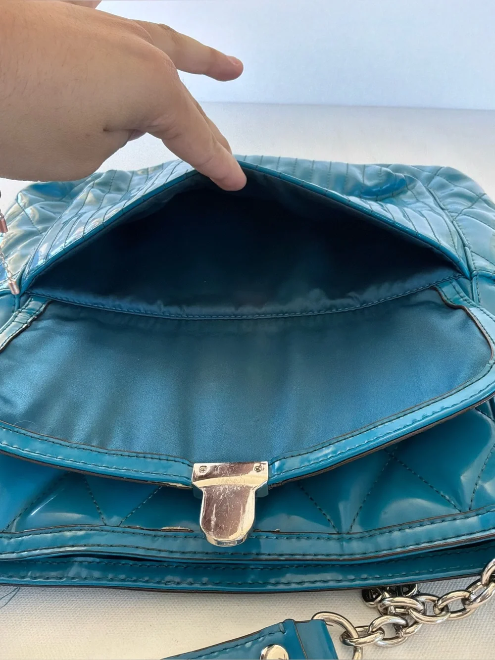Coach Ashley Teal Patent Leather Quilted Tote Shoulder Bag Chain Strap Large
